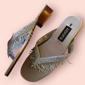 Adora satin sky blue slip on sandals with beaded fringe